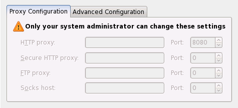 Screenshot showing disabled proxy controls in a web browser's property dialog, under the caption "Only the system administrator can change these settings"