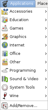 Screenshot of the open Applications menu on the GNOME menu panel
