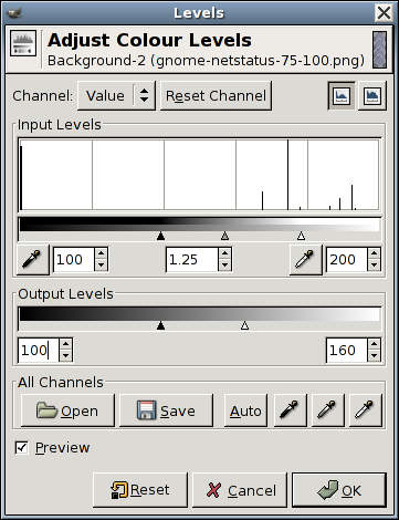 Levels dialog in GIMP showing input levels set to 100, 1.25, 200, and output levels set to 100 and 160.