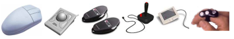 Pictures of different types of pointing device, including mouse, trackball, foot-operated mouse and joystick.