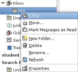 Screenshot of a popup menu for a mail folder, listing the actions that can be performed on that folder