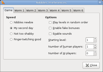Screenshot showing the Gnibbles preferences window