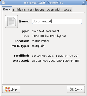 Screenshot showing the "file properties" window from Nautilus